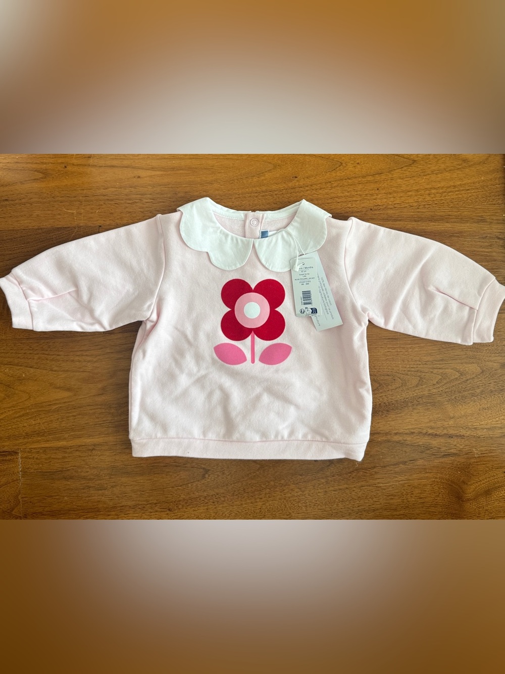 NWT Jacadi Pink Flower Sweatshirt with Scalloped Collar Baby Girl 6 Months